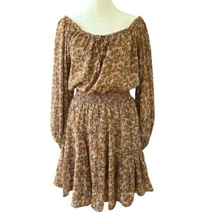 Bohme Dress Women's Brown Floral Puff Sleeve Mini Cottage Prairie‎ Boho Smocked